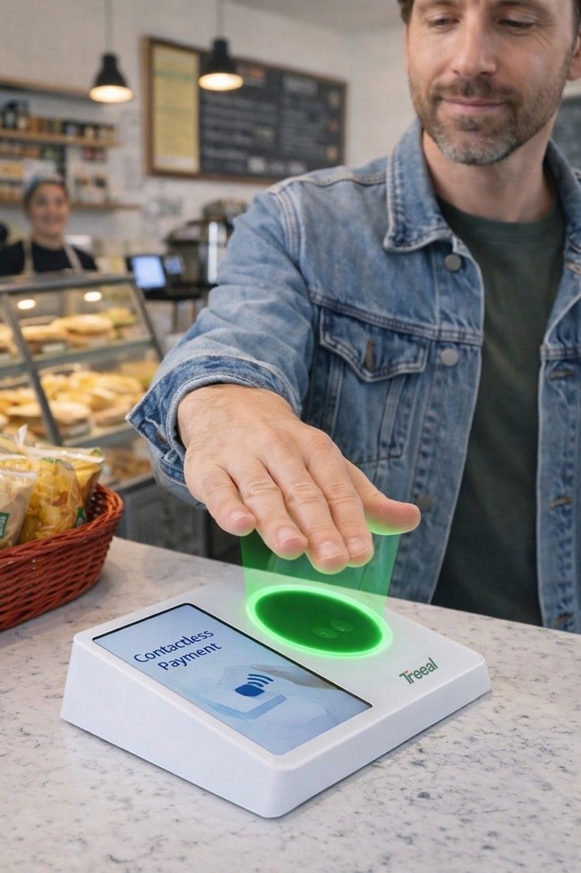Treeal and Tencent Cloud launch palm payment in Brazil — Treeal staff demonstrating palm recognition at a Brazilian merchant terminal with Tencent PalmAI technology