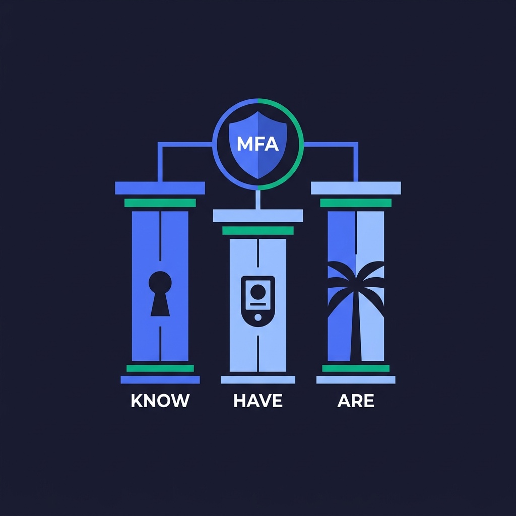 The three authentication factors — something you know, have, and are — and how MFA combines them, with biometrics as the inherence factor