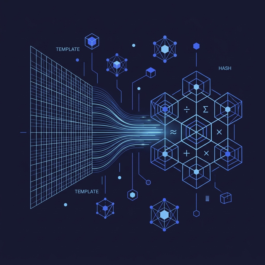 Biometric data storage: a biometric template is a mathematical representation, not an image — templates, hashing, and irreversibility explained