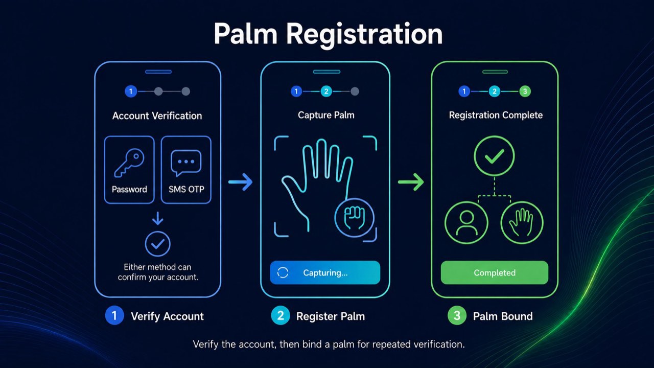 Palm registration flow: verify account, register palm, palm bound