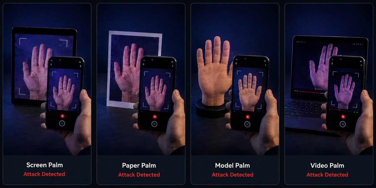 Four presentation attack types detected: screen palm, paper palm, model palm and video palm