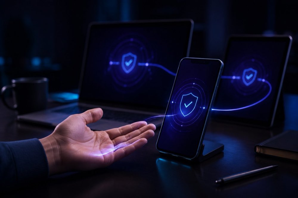 Open palm verifying across phone, laptop and tablet
