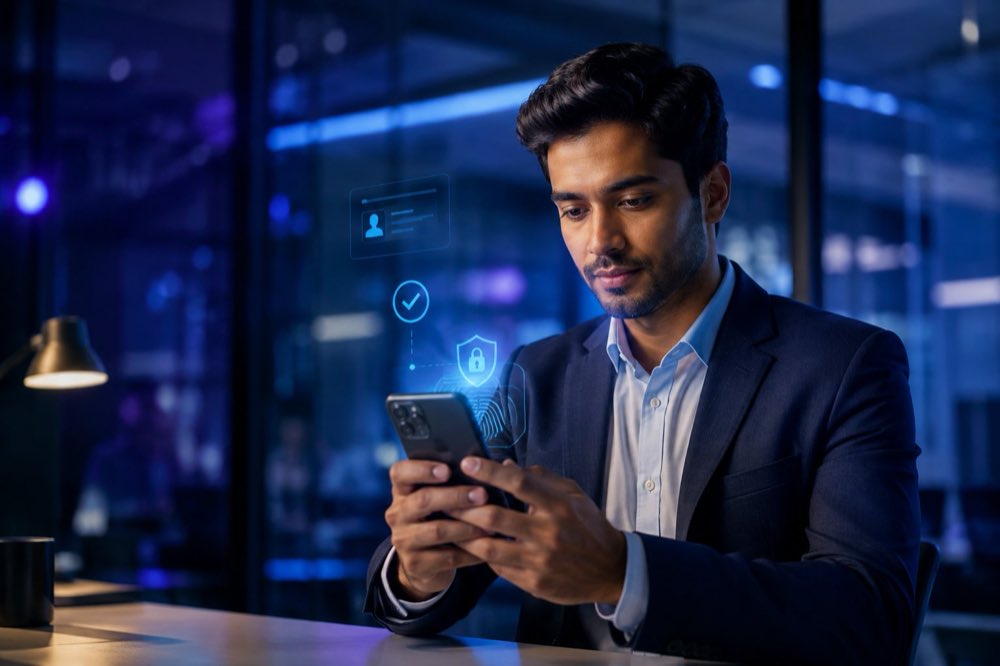 Professional verifying identity on a smartphone in a financial setting