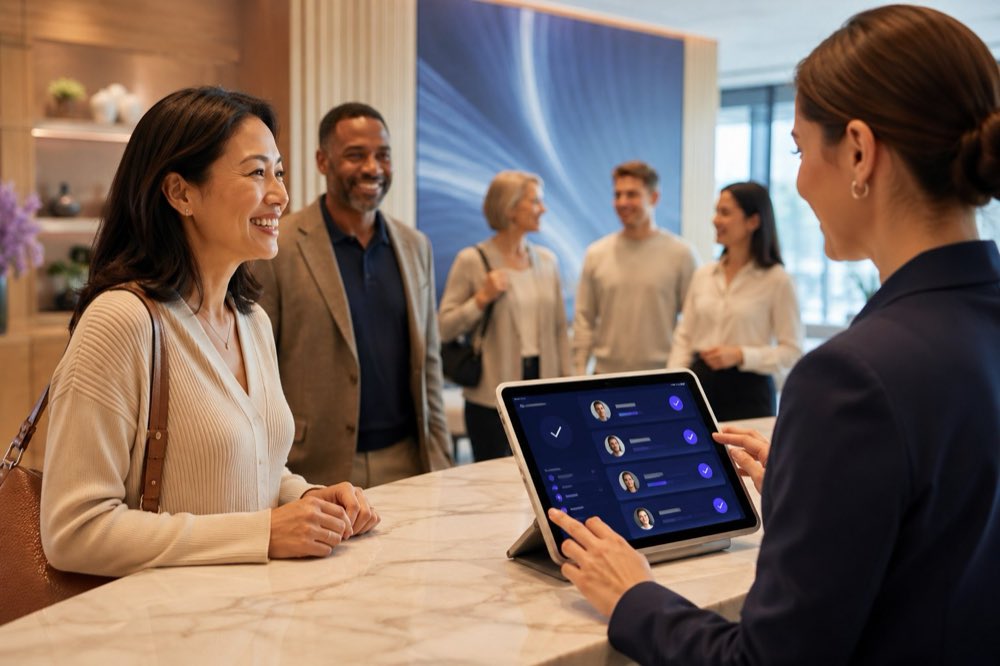 Staff member checking in returning guests at a service counter